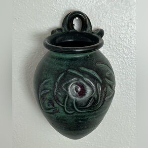 Wall Pocket Vessel Vase Planter Embossed Pottery Green & Black Glaze